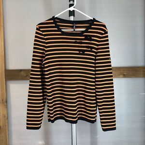 Saint JAMES MADEMOISELLE Wool Blend Orange Black Stripe Sweater Bow Appliques Sz